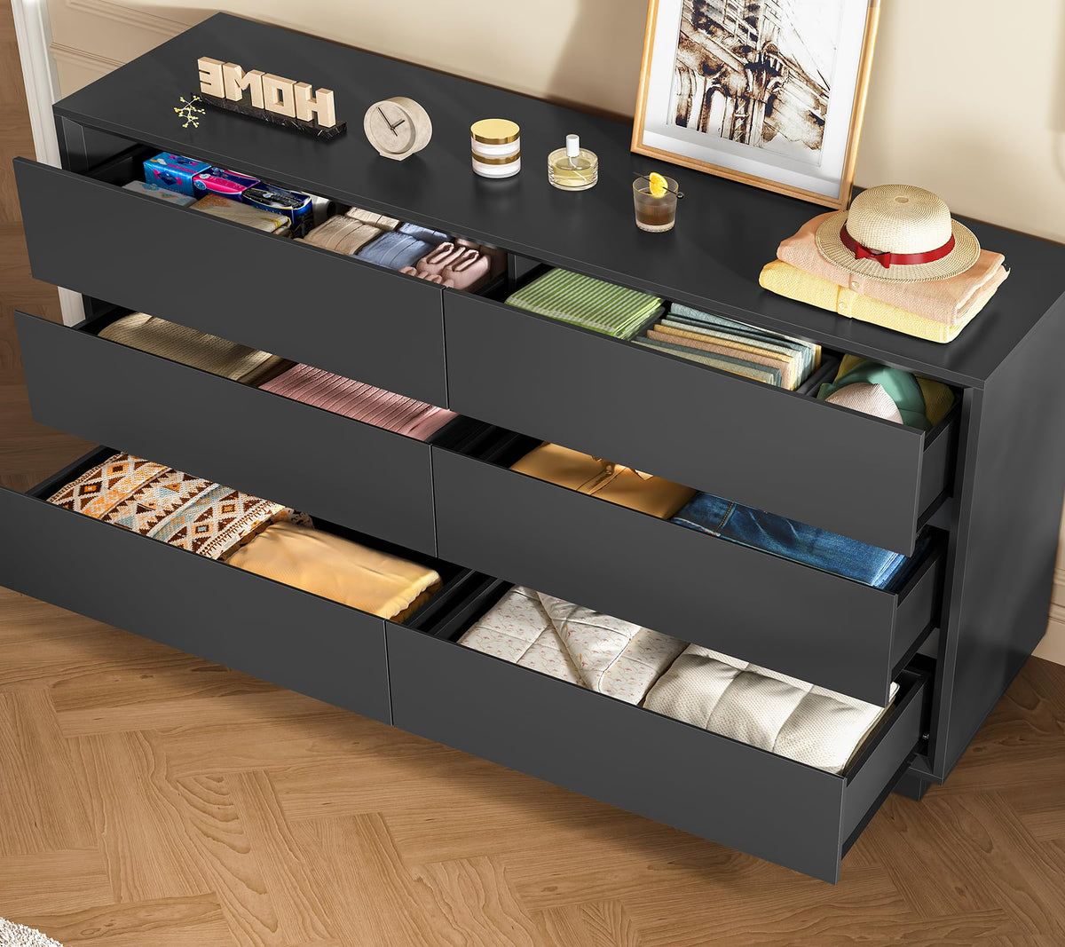 Black 6 Drawer Wood Dresser L77830