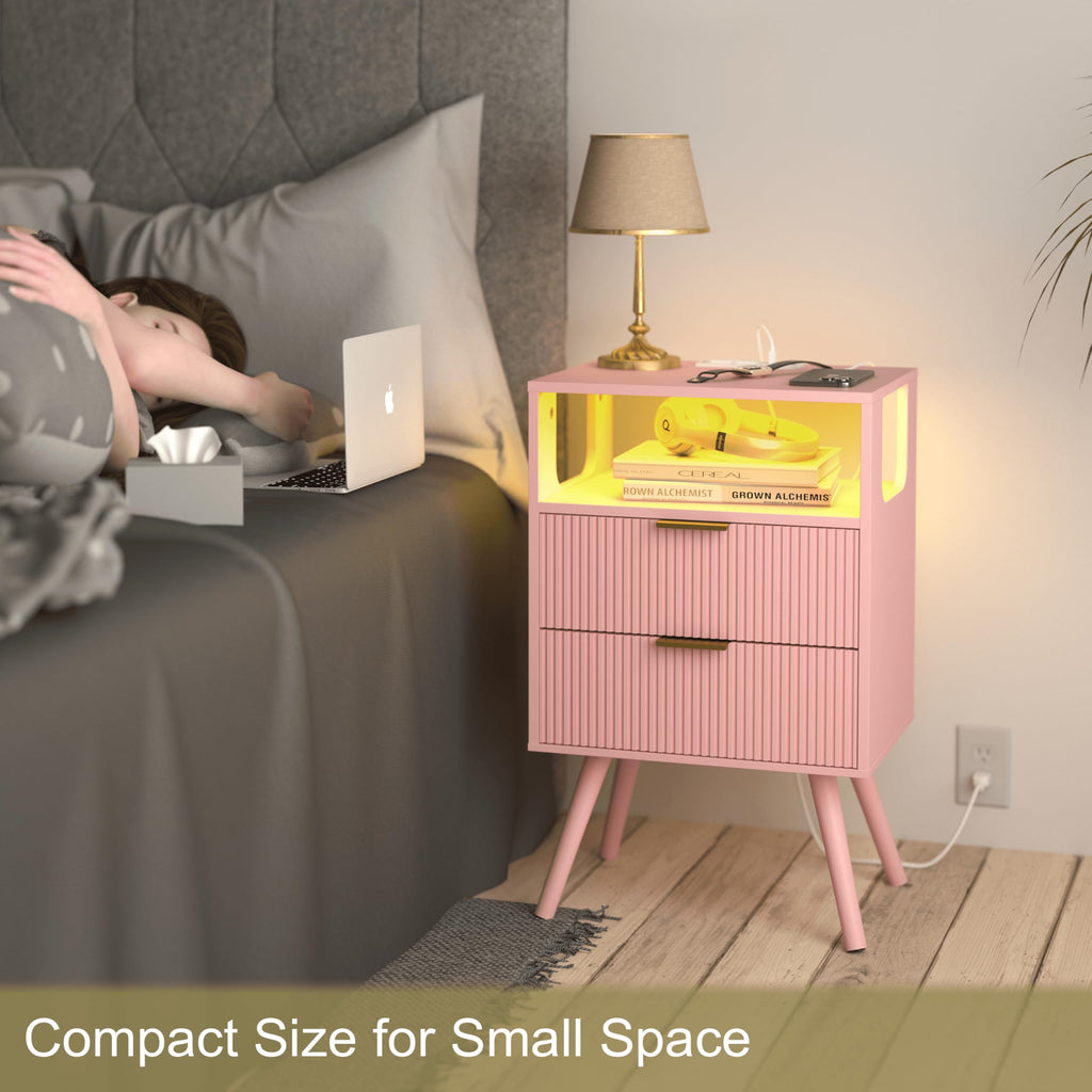 Pink Nightstand with Charging Station and LED Lights Y927