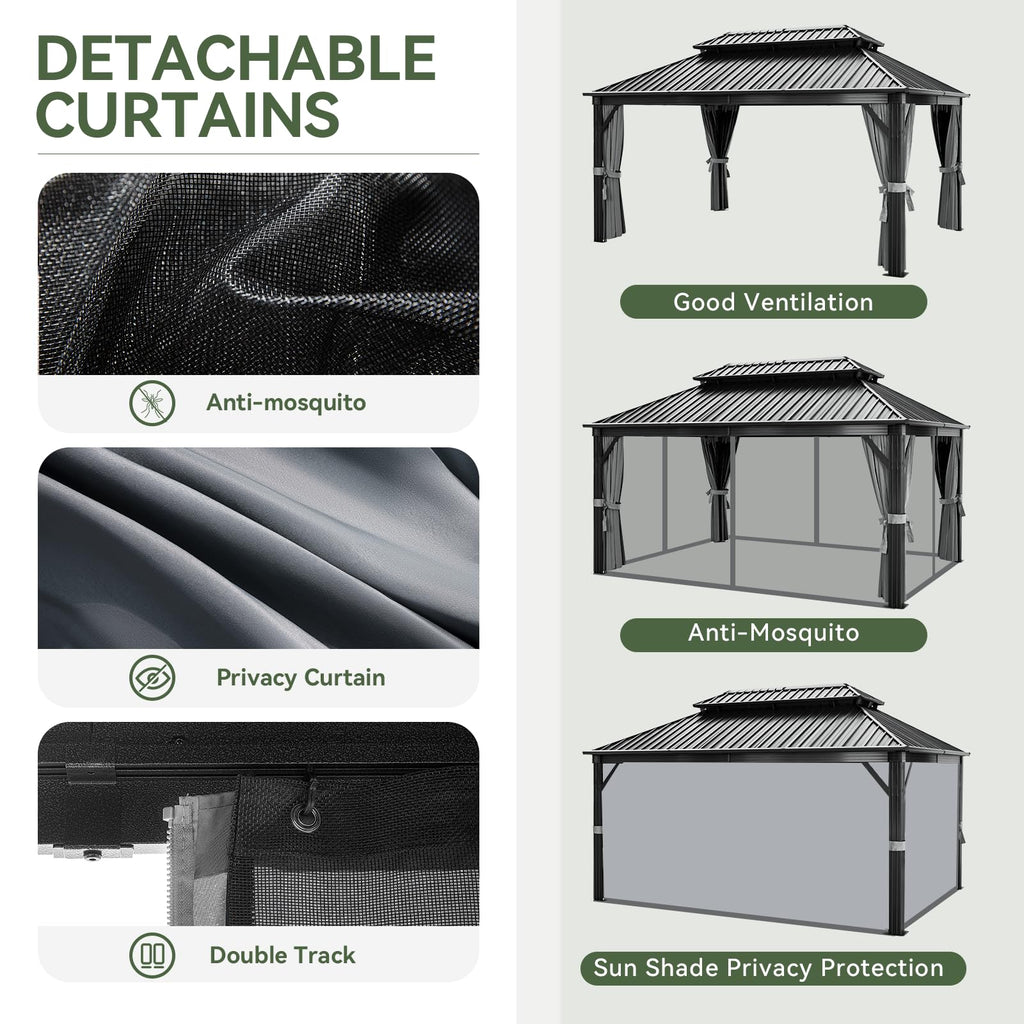 12FT X 16FT Hardtop Gazebo with Mosquito Netting and Curtains X131518