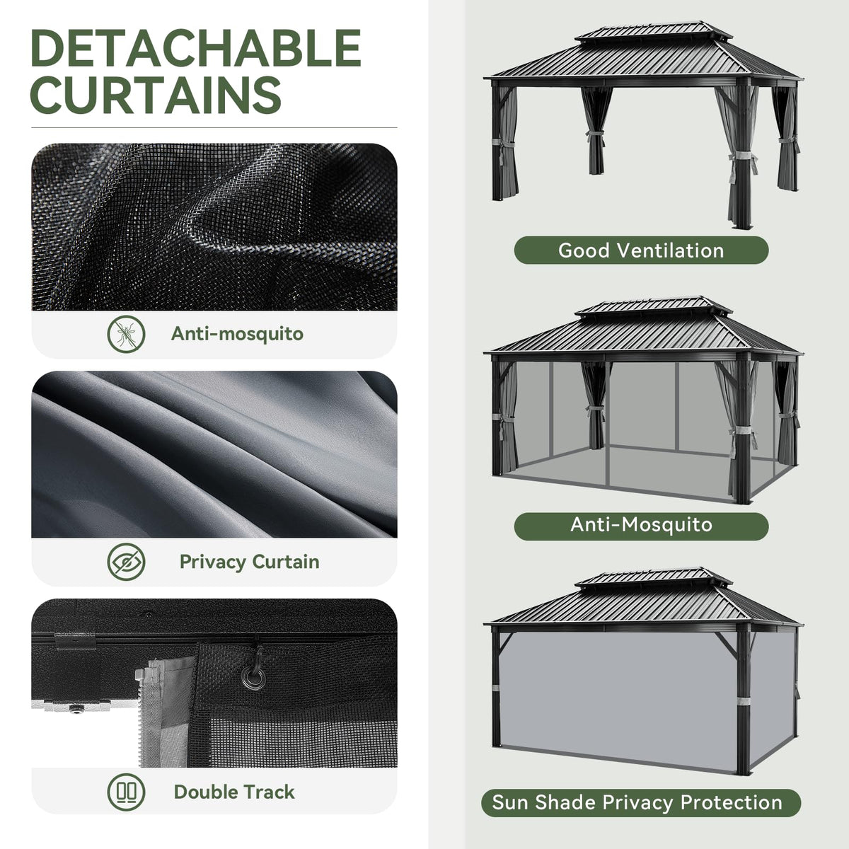 12FT X 16FT Hardtop Gazebo with Mosquito Netting and Curtains X131518