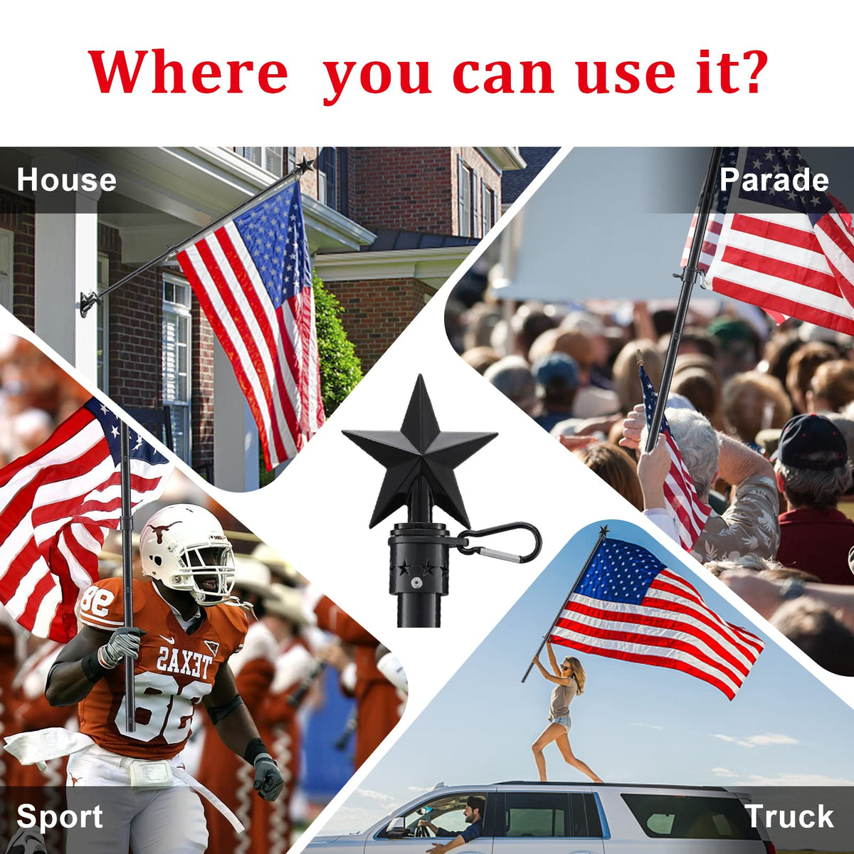 6ft Tangle Free Flag Pole Kit with Bracket, Black Metal Flagpole G101