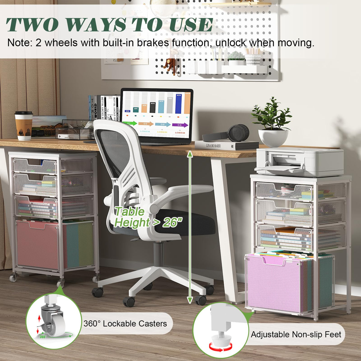 4 Drawer Rolling File Cart with Wheels, White T397