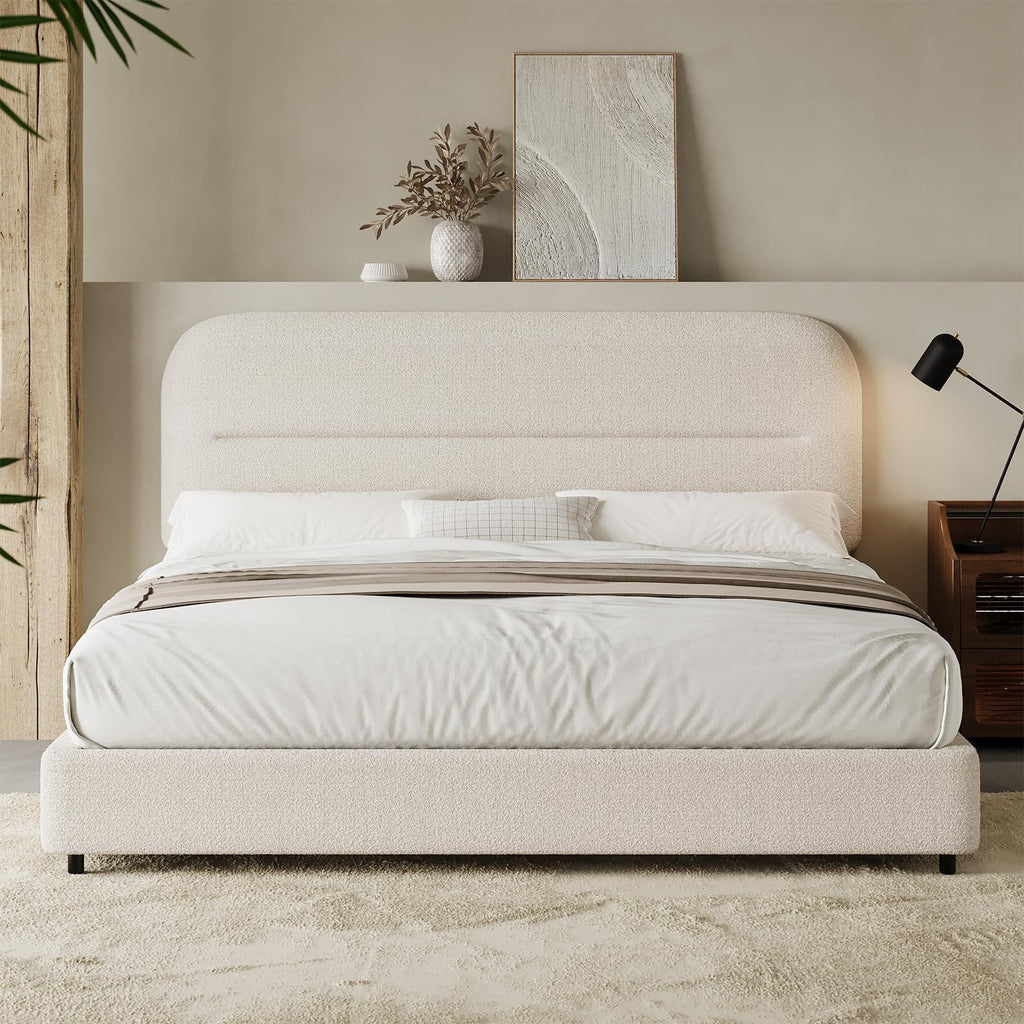 Cream Boucle Upholstered Queen Platform Bed T968
