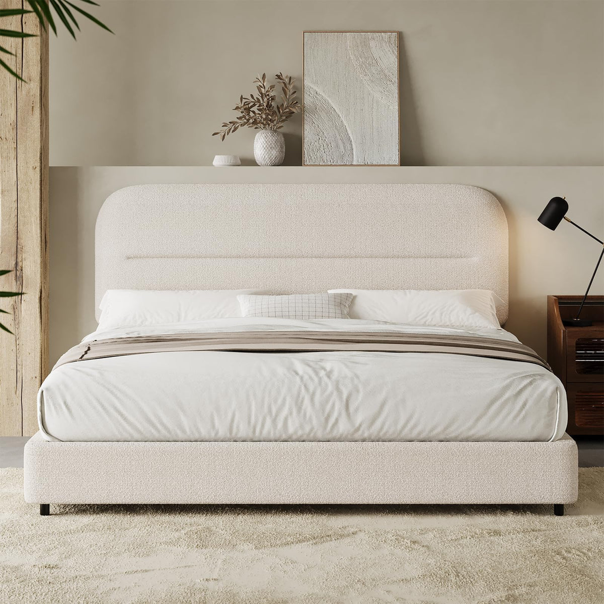 Cream Boucle Upholstered Queen Platform Bed T968
