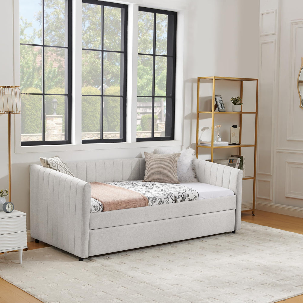 Beige Linen Twin Size Daybed with Pop Up Trundle N61638