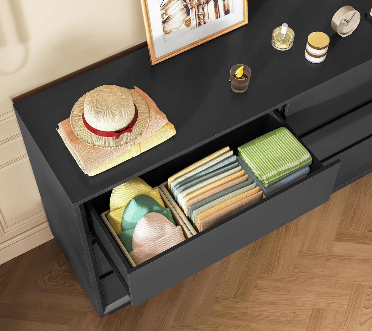 Black 6 Drawer Wood Dresser L77830