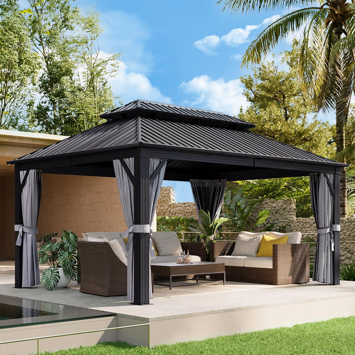 12FT X 16FT Hardtop Gazebo with Mosquito Netting and Curtains X131518