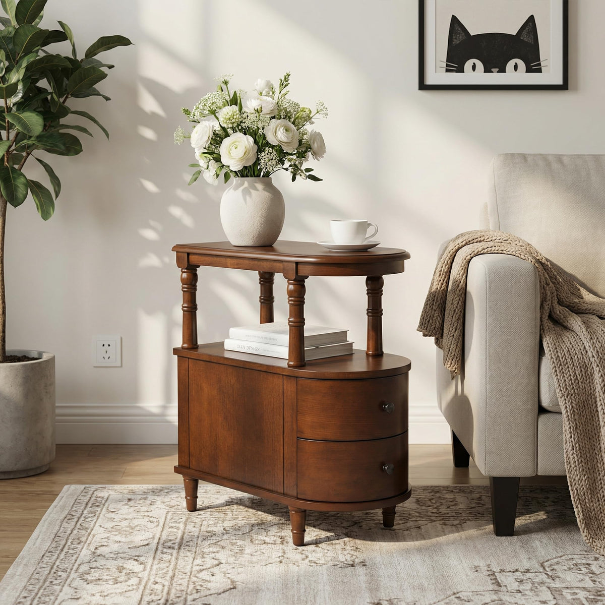 Narrow Solid Cherry Wood Side Table with Drawers T438903