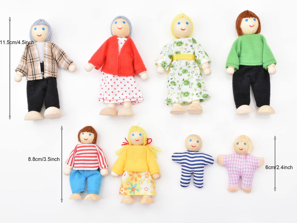Wooden Dollhouse Dolls Family Set of 8 Miniature Figures and 2 Pets Q125192