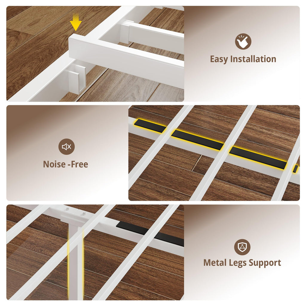 White Full Bed Frame with LED Lights & Charging Station T4823