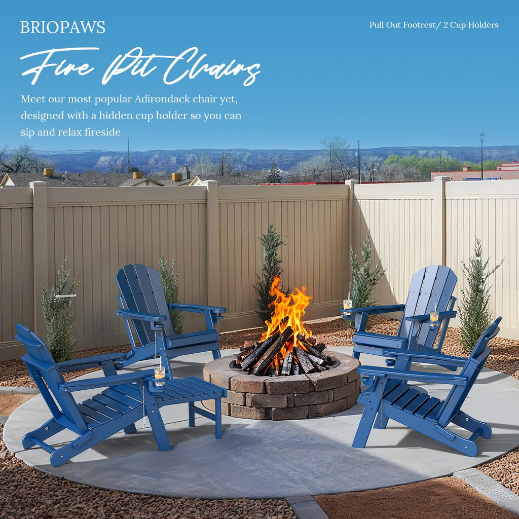 Set of 2 Blue Folding HDPE Plastic Adirondack Chairs with Pull-Out Footrest K125854