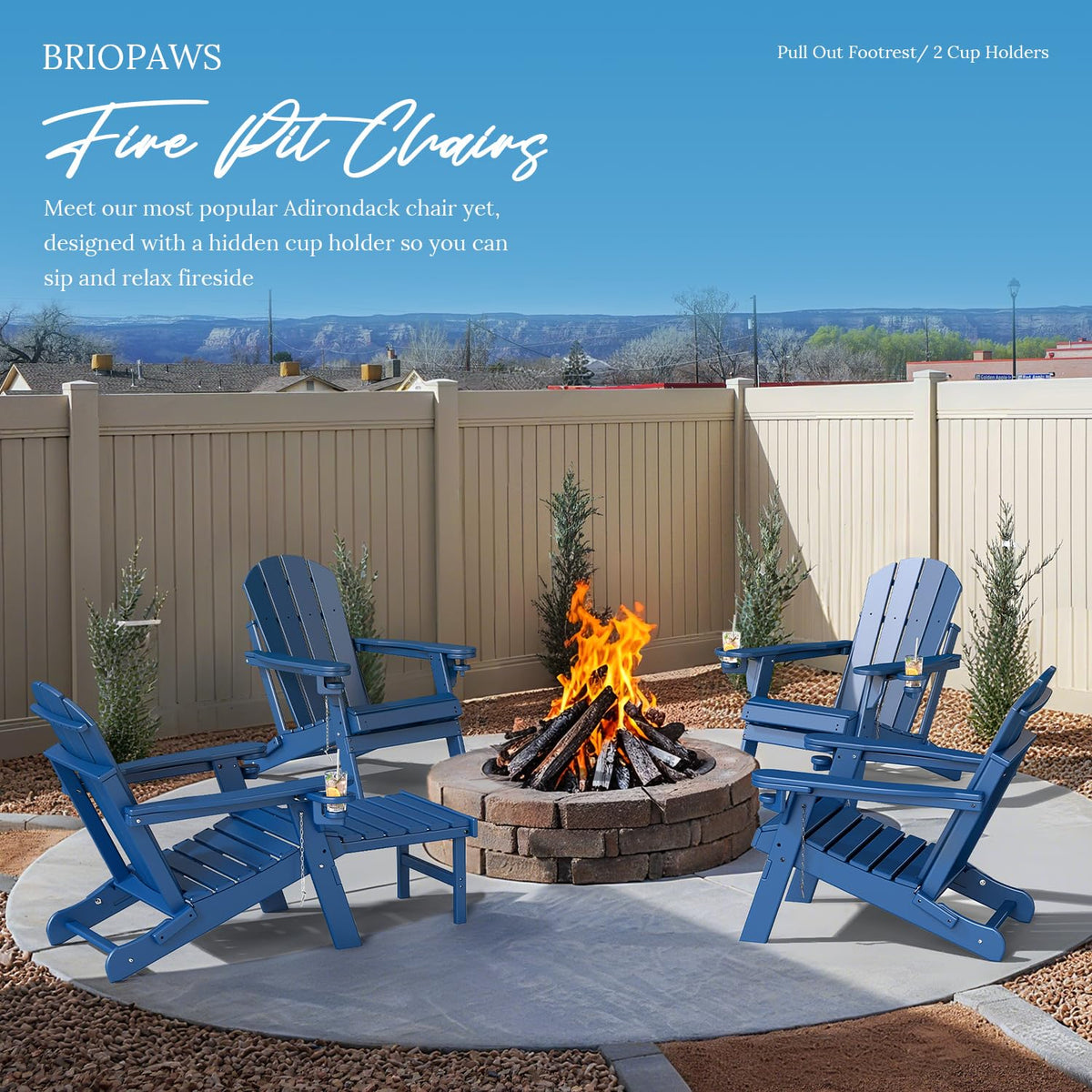 Set of 2 Blue Folding HDPE Plastic Adirondack Chairs with Pull-Out Footrest K125854