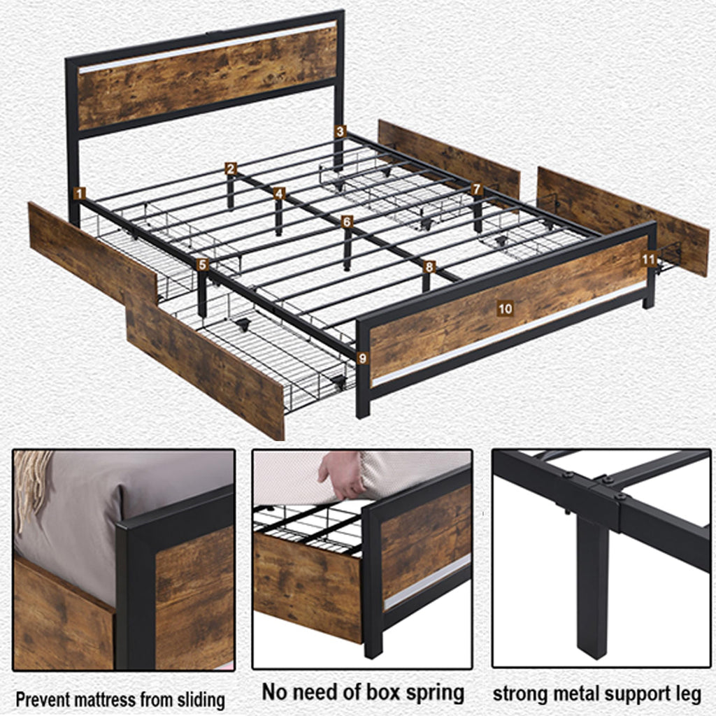 King Size Wood Bed Frame with 4 Storage Drawers A8580