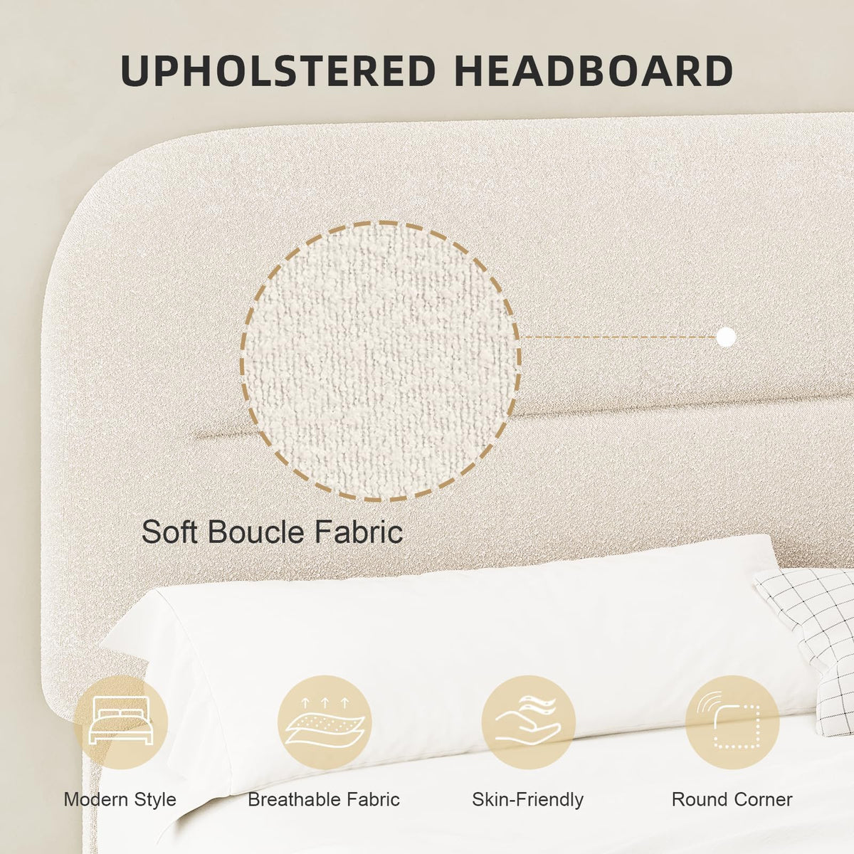 Cream Boucle Upholstered Queen Platform Bed T968