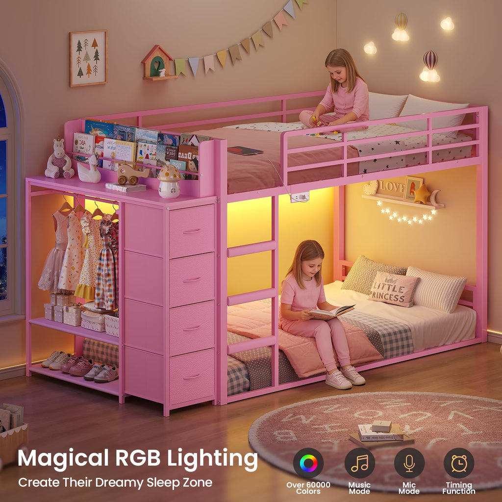 Pink Twin Over Twin Bunk Bed with Bookshelf & Storage Drawer R8645