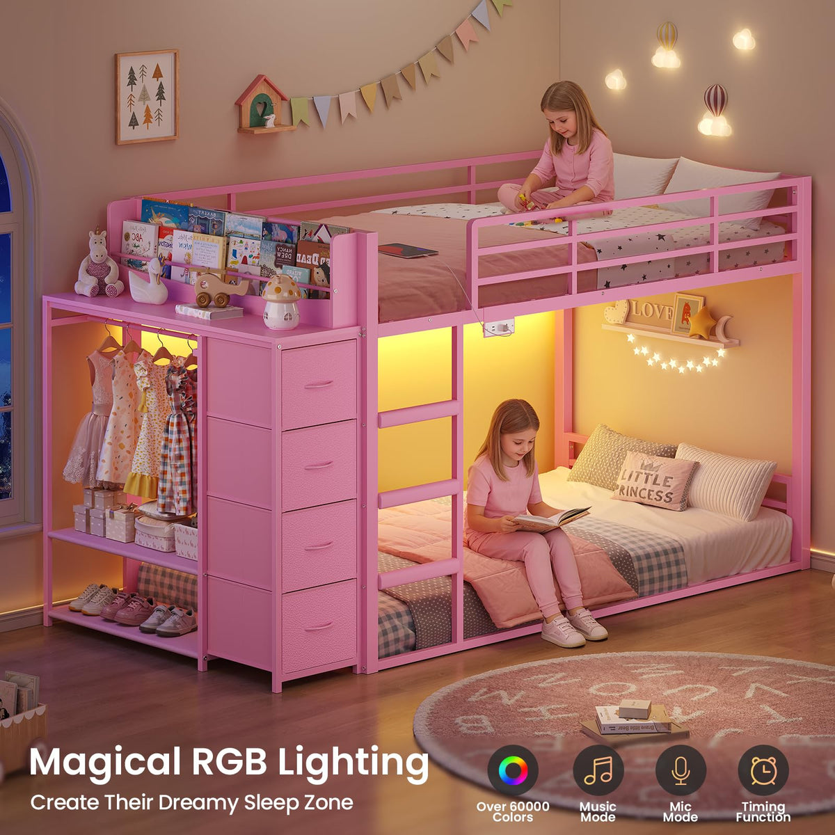 Pink Twin Over Twin Bunk Bed with Bookshelf & Storage Drawer R8645
