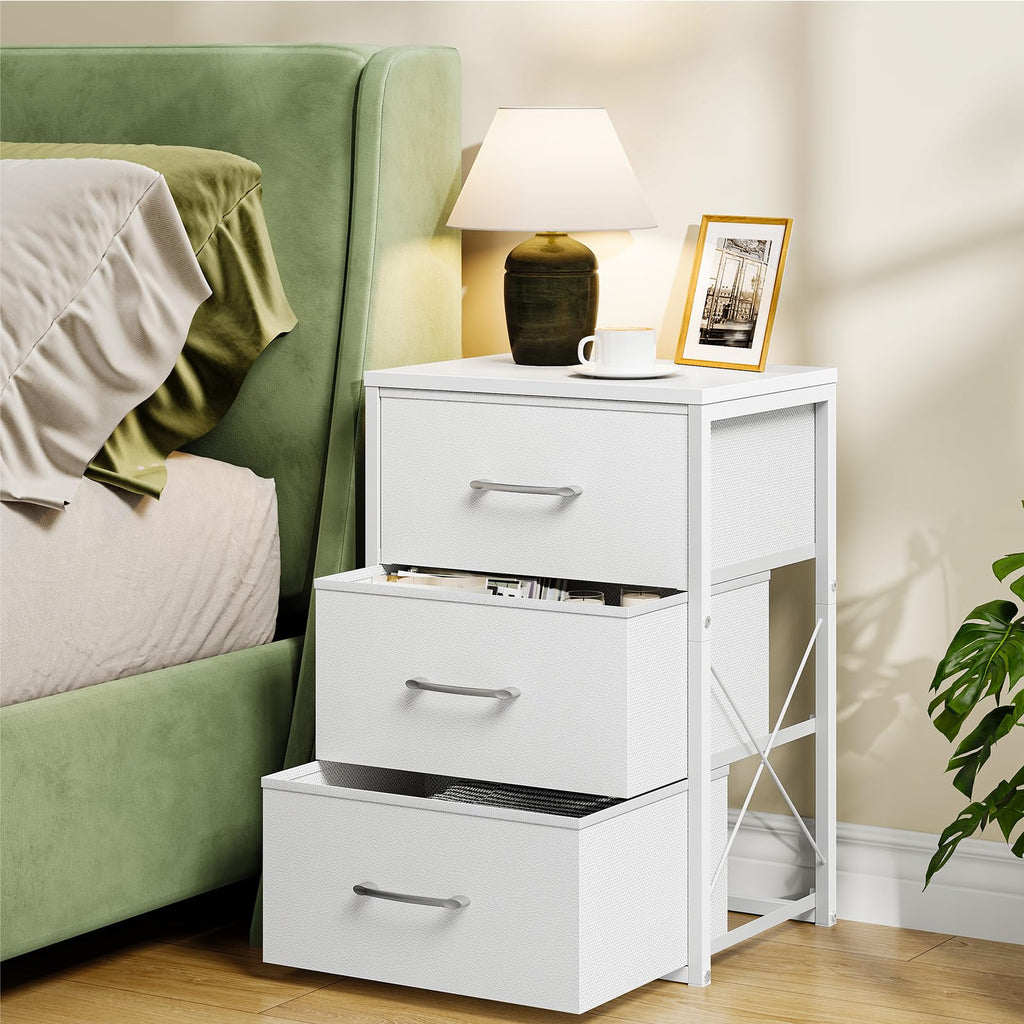 White 3 Drawer Fabric Storage Dresser with Wooden Top O21679
