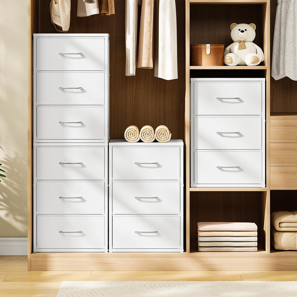 White 3 Drawer Fabric Storage Dresser with Wooden Top O21679