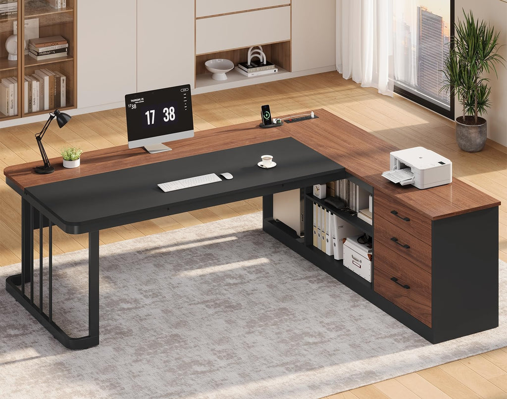 71" L Shaped Computer Desk with Drawers and Power Outlets B67113