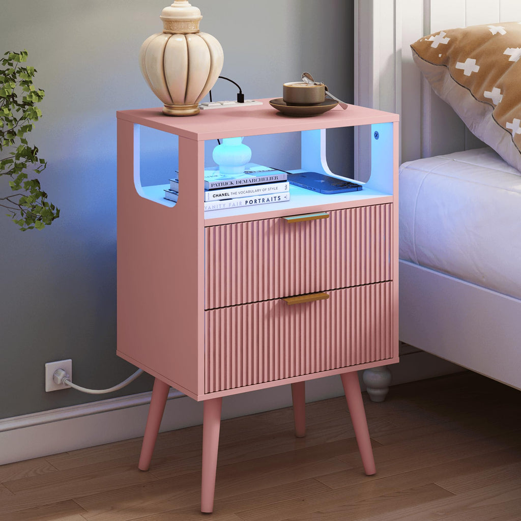 Pink Nightstand with Charging Station and LED Lights Y927