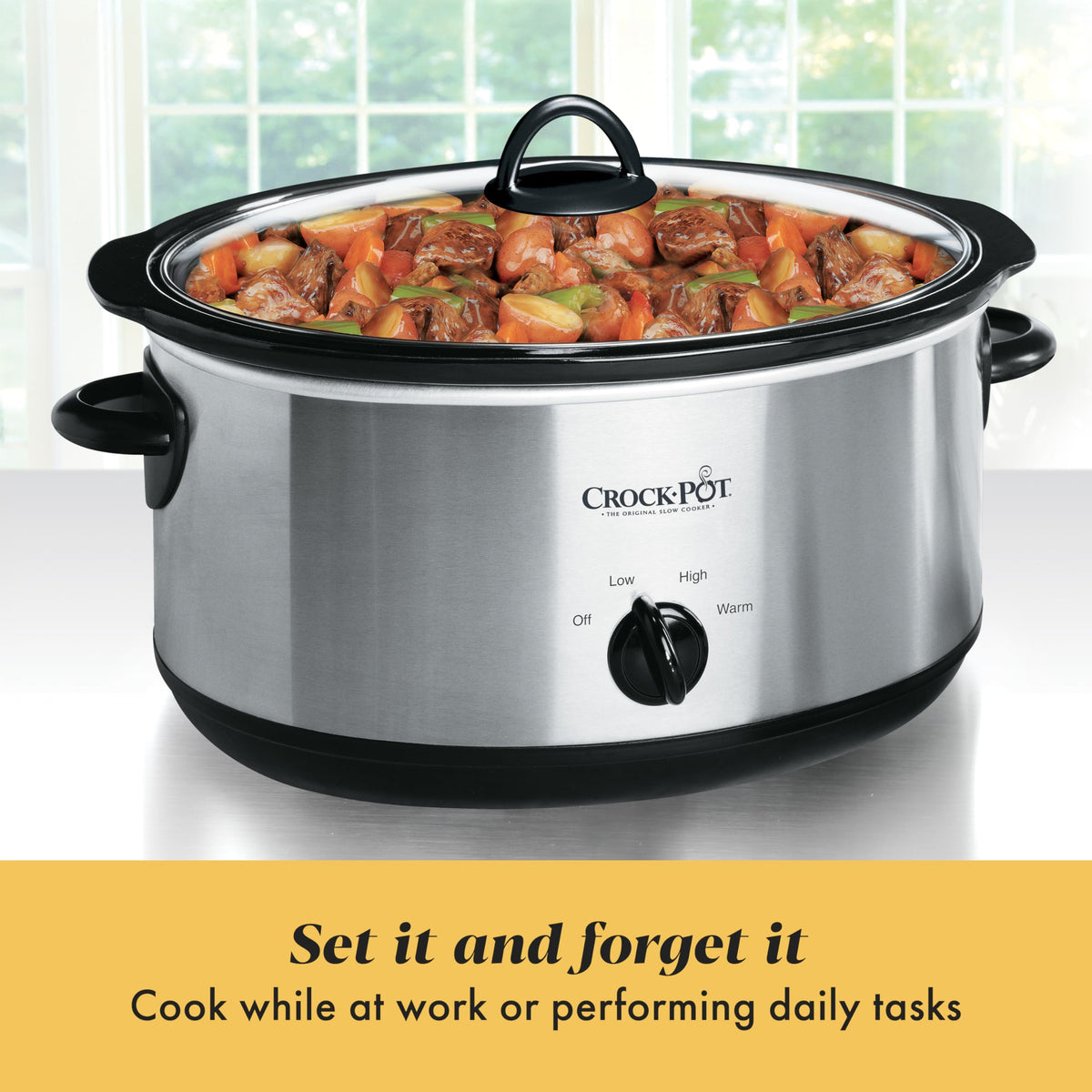 7-Quart Manual Slow Cooker, Family Size, Removable Stoneware, Dishwasher Safe, Stainless Steel Z57652