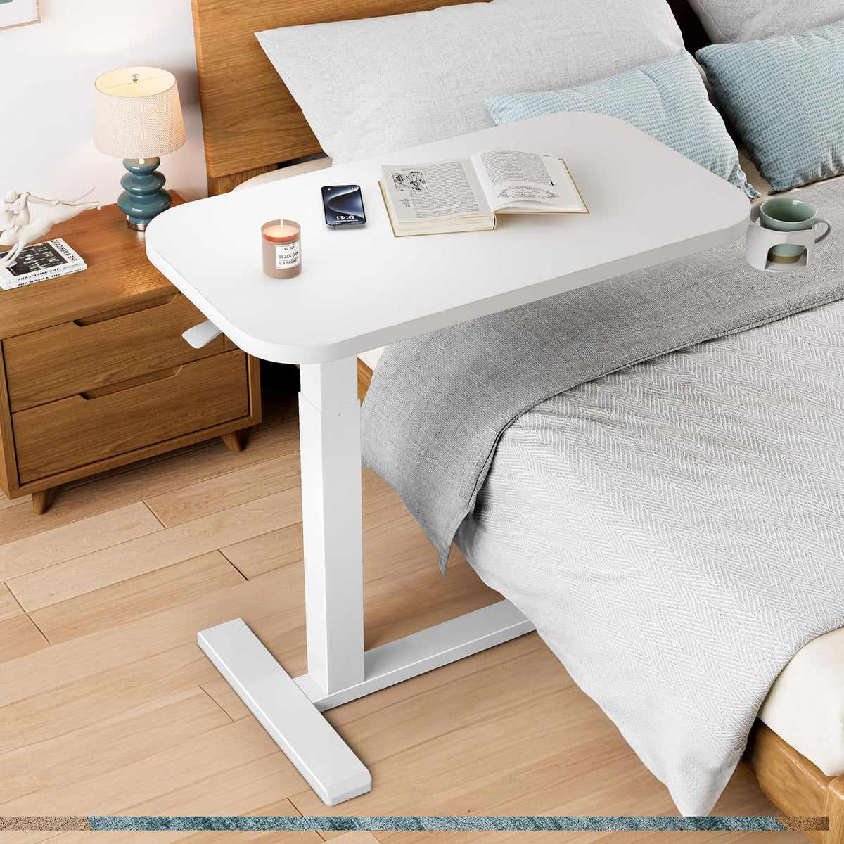 White Height-Adjustable Bedside Table with Wheels R21487