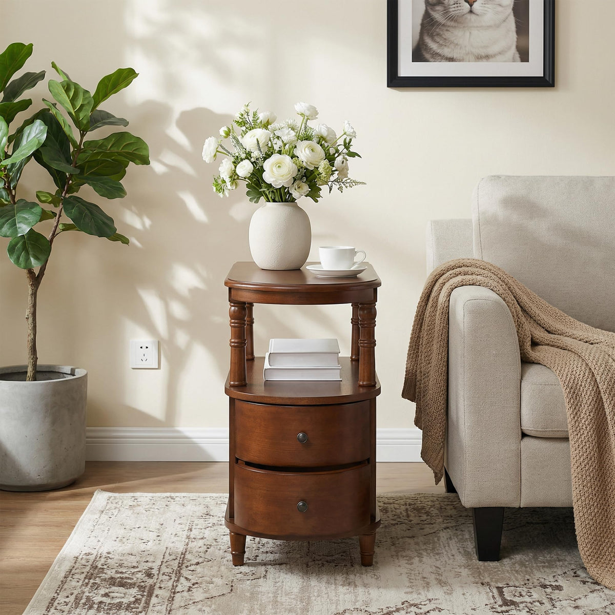 Narrow Solid Cherry Wood Side Table with Drawers T438903