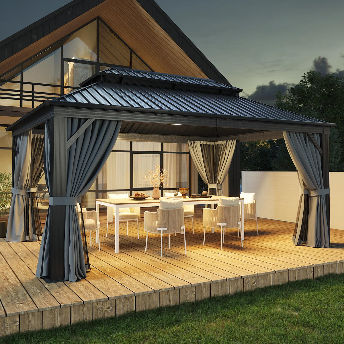 12FT X 16FT Hardtop Gazebo with Mosquito Netting and Curtains X131518