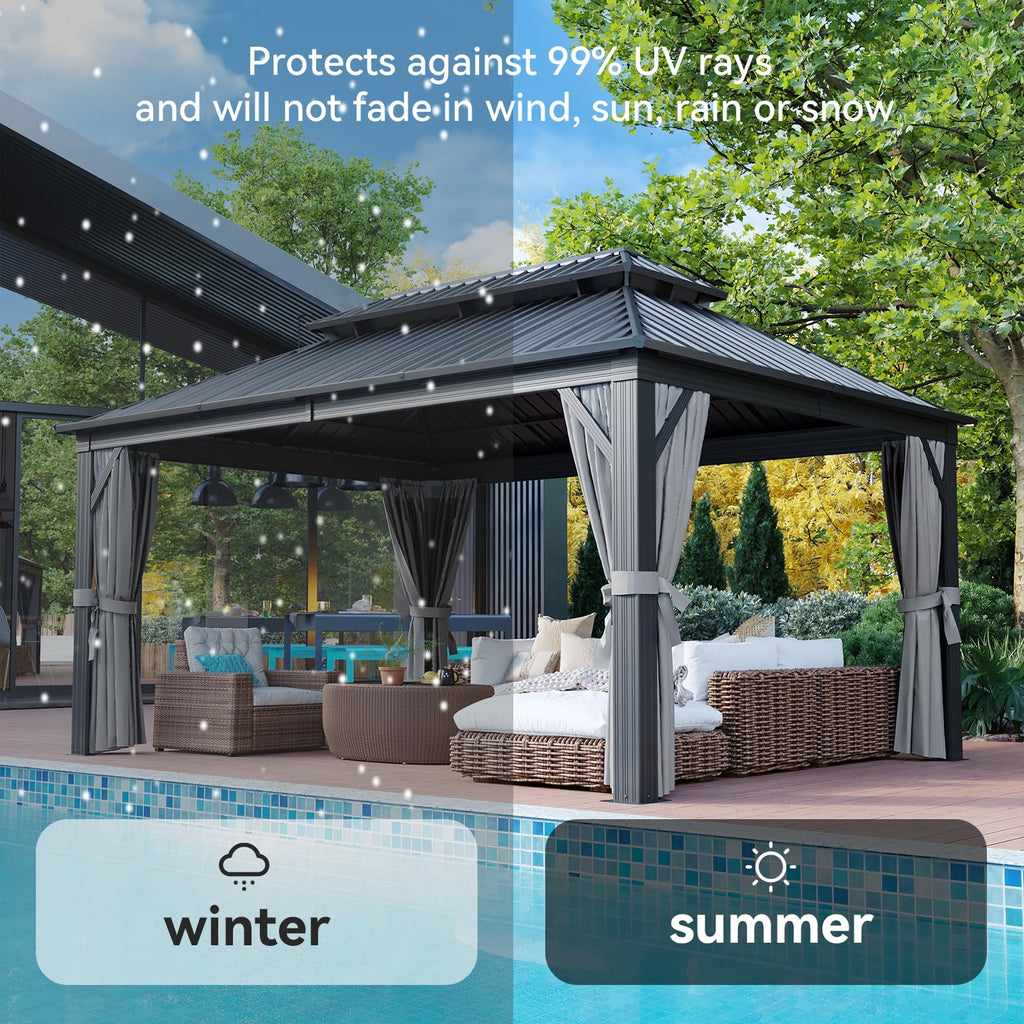12FT X 16FT Hardtop Gazebo with Mosquito Netting and Curtains X131518