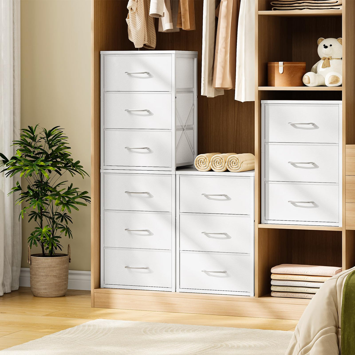 White 3 Drawer Fabric Storage Dresser with Wooden Top O21679