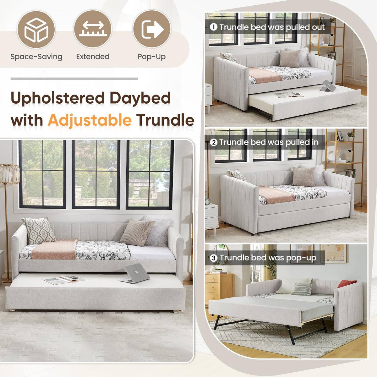 Beige Linen Twin Size Daybed with Pop Up Trundle N61638