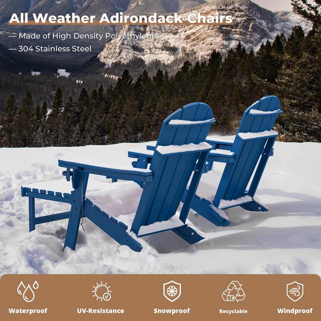 Set of 2 Blue Folding HDPE Plastic Adirondack Chairs with Pull-Out Footrest K125854