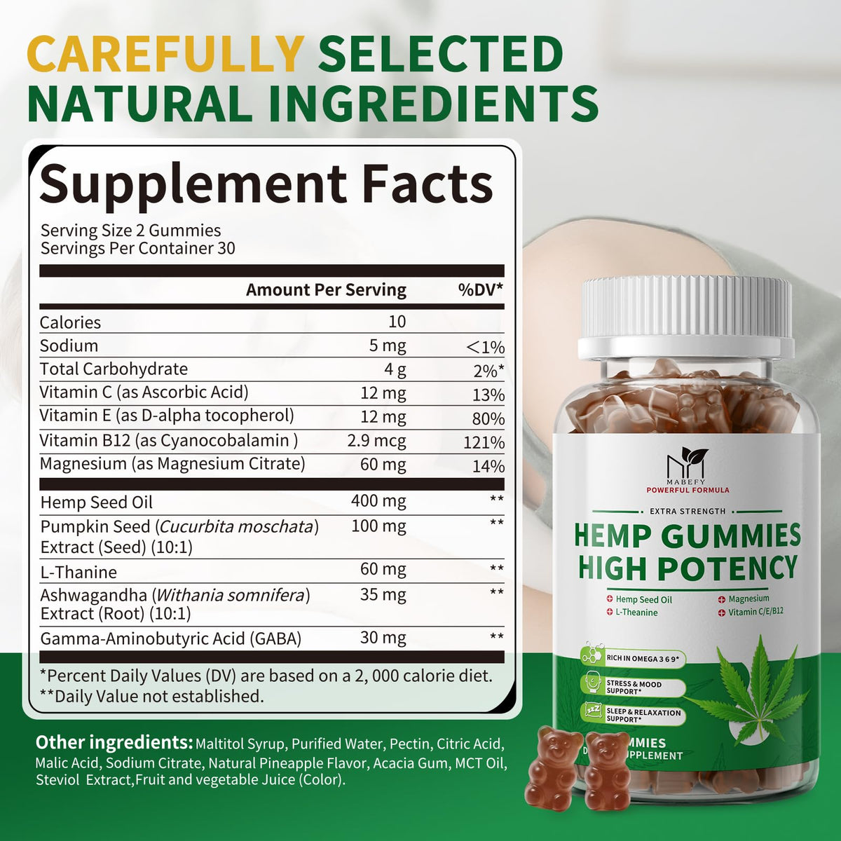 2 Pack Hemp Gummies with Magnesium, Vitamins, Pumpkin Seed, Ashwagandha, GABA, L-Theanine, Pineapple Flavor, 120 Bears, Vegan X285