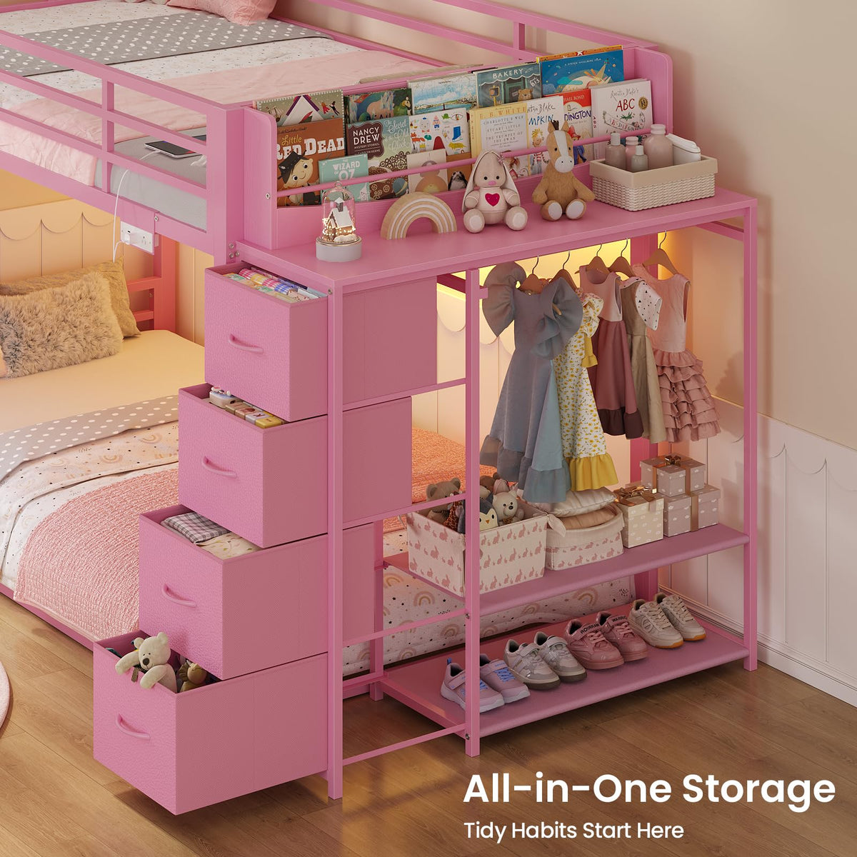 Pink Twin Over Twin Bunk Bed with Bookshelf & Storage Drawer R8645