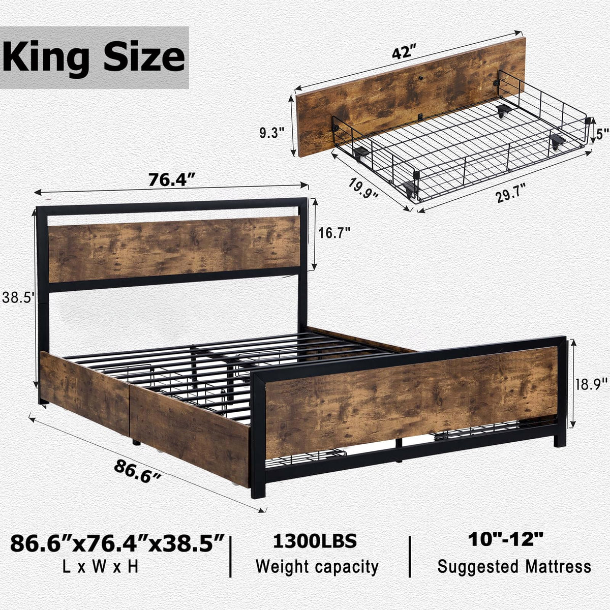 King Size Wood Bed Frame with 4 Storage Drawers A8580