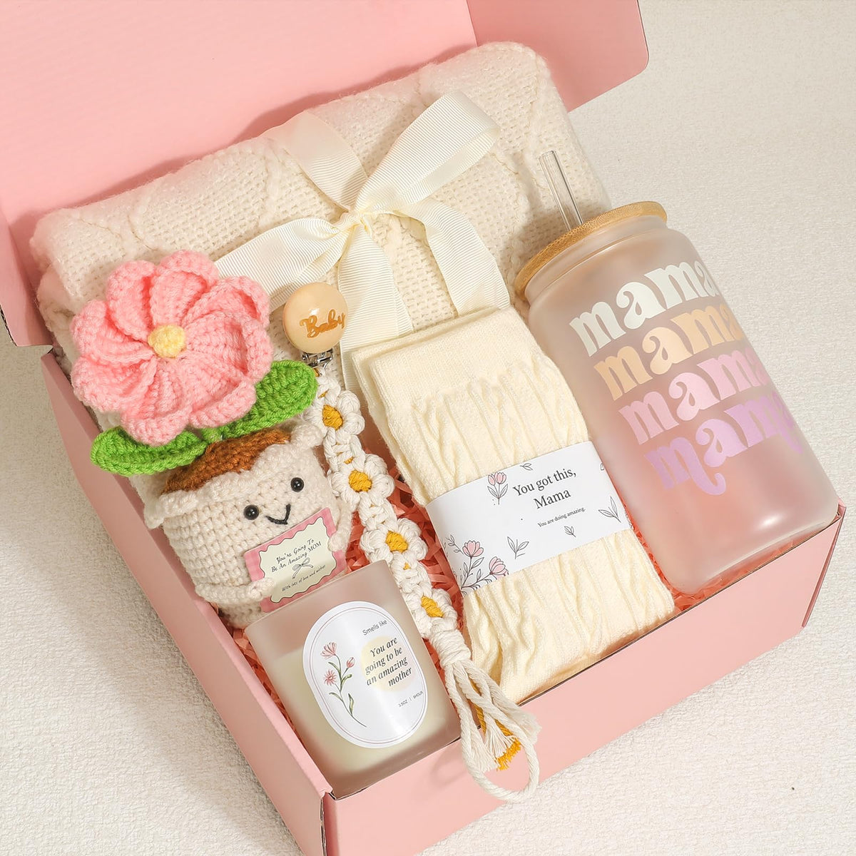 Mom Gift Basket with Blanket, Glass Cup, Candle, Socks & Crochet Flower W856740
