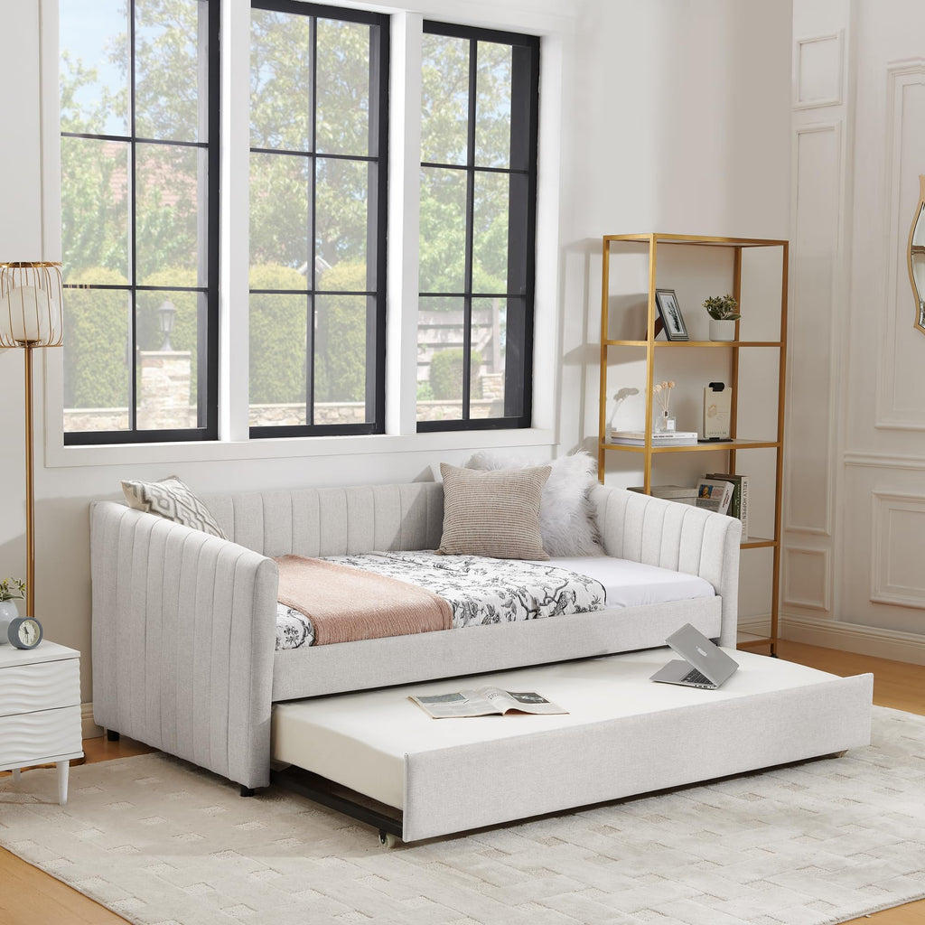 Beige Linen Twin Size Daybed with Pop Up Trundle N61638
