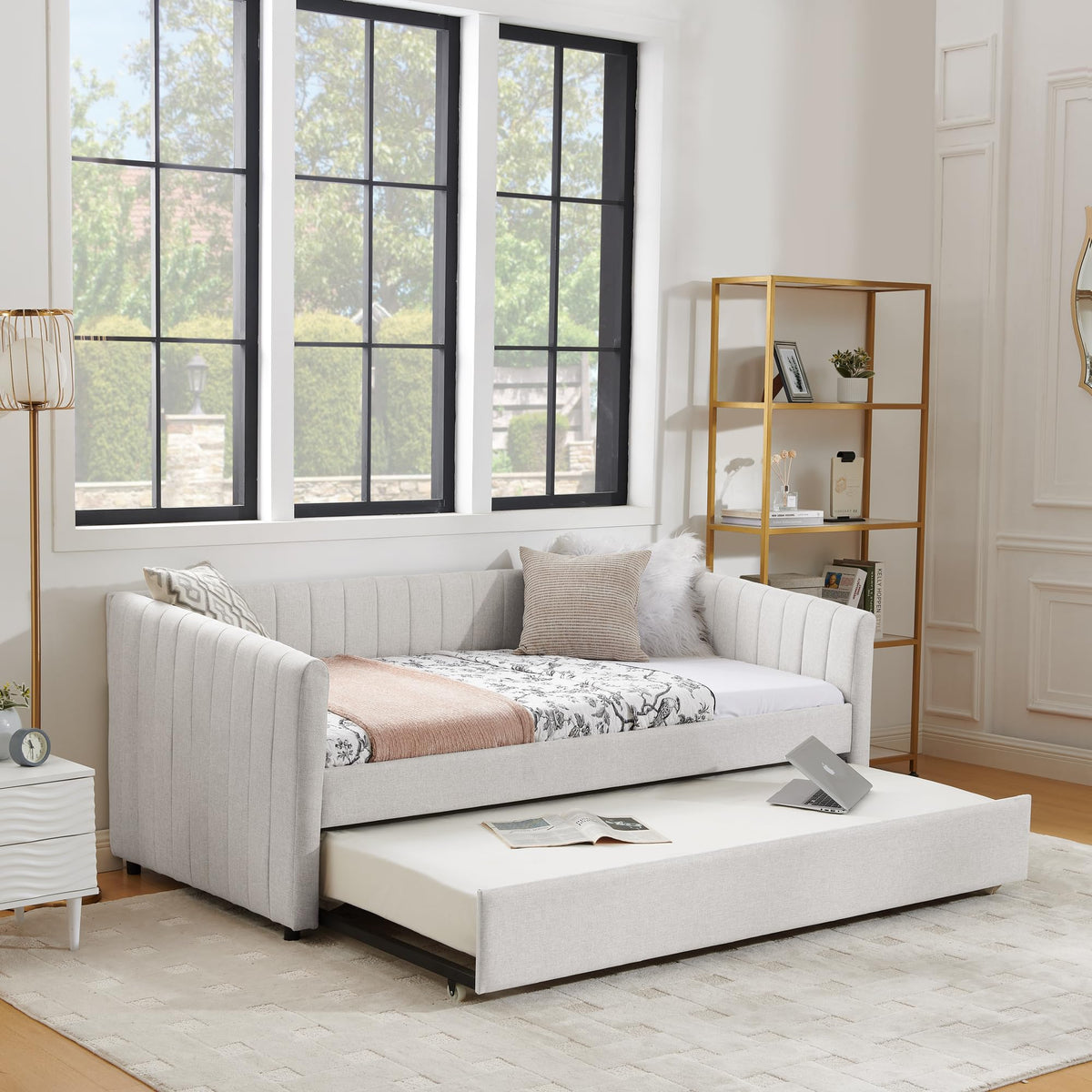 Beige Linen Twin Size Daybed with Pop Up Trundle N61638