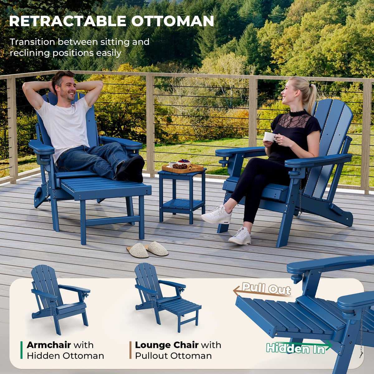 Set of 2 Blue Folding HDPE Plastic Adirondack Chairs with Pull-Out Footrest K125854