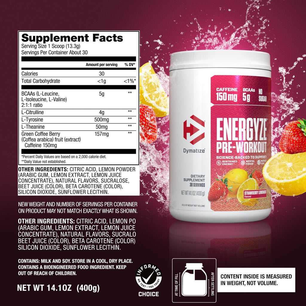 Pre Workout Powder Strawberry Lemonade 150mg Caffeine 5g BCAAs 30 Servings V88447