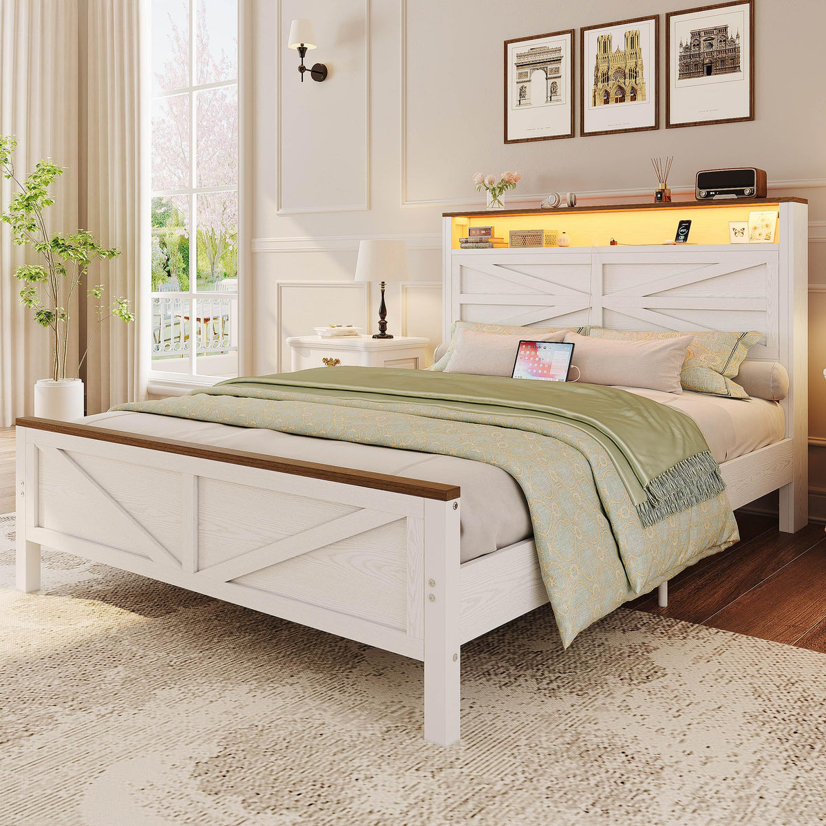 White Full Bed Frame with LED Lights & Charging Station T4823