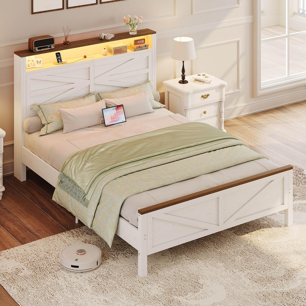 White Full Bed Frame with LED Lights & Charging Station T4823