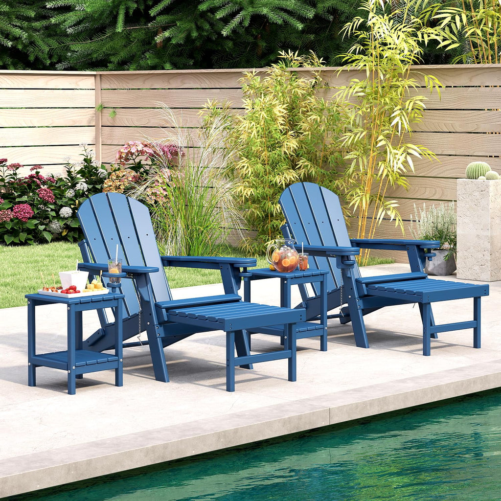 Set of 2 Blue Folding HDPE Plastic Adirondack Chairs with Pull-Out Footrest K125854