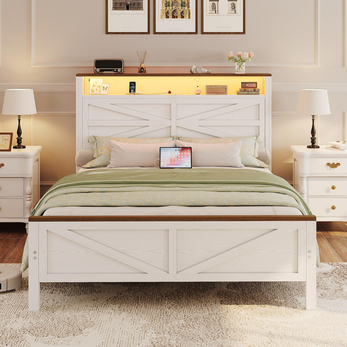 White Full Bed Frame with LED Lights & Charging Station T4823