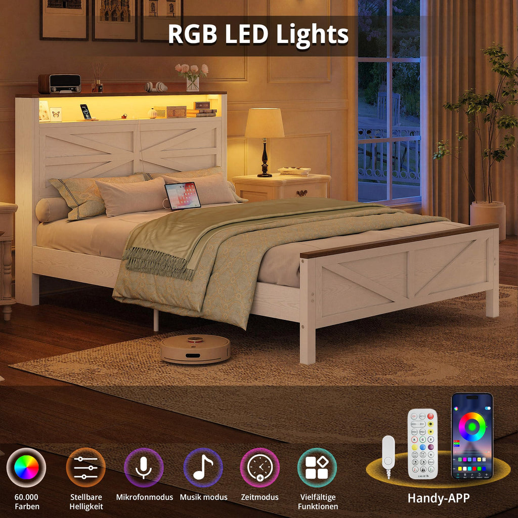 White Full Bed Frame with LED Lights & Charging Station T4823