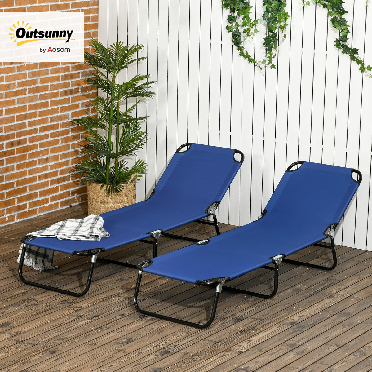 Blue 2 Pieces Folding Chaise Lounge Chair with 5-Level Back M3305