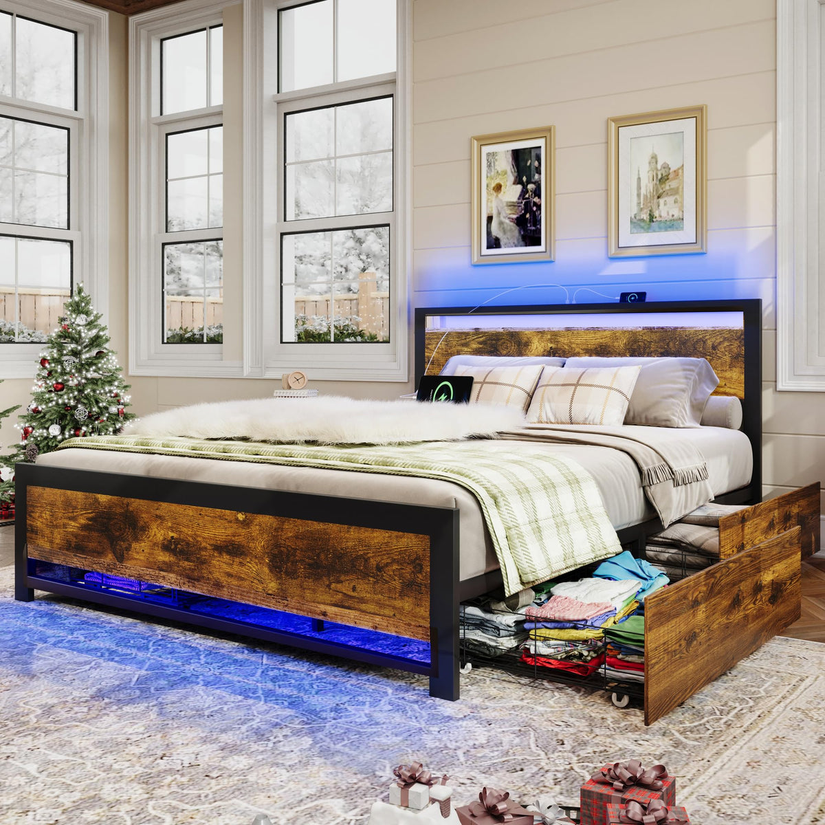 King Size Wood Bed Frame with 4 Storage Drawers A8580