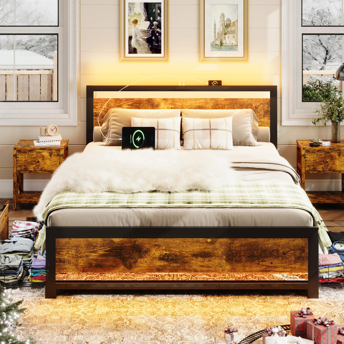 King Size Wood Bed Frame with 4 Storage Drawers A8580