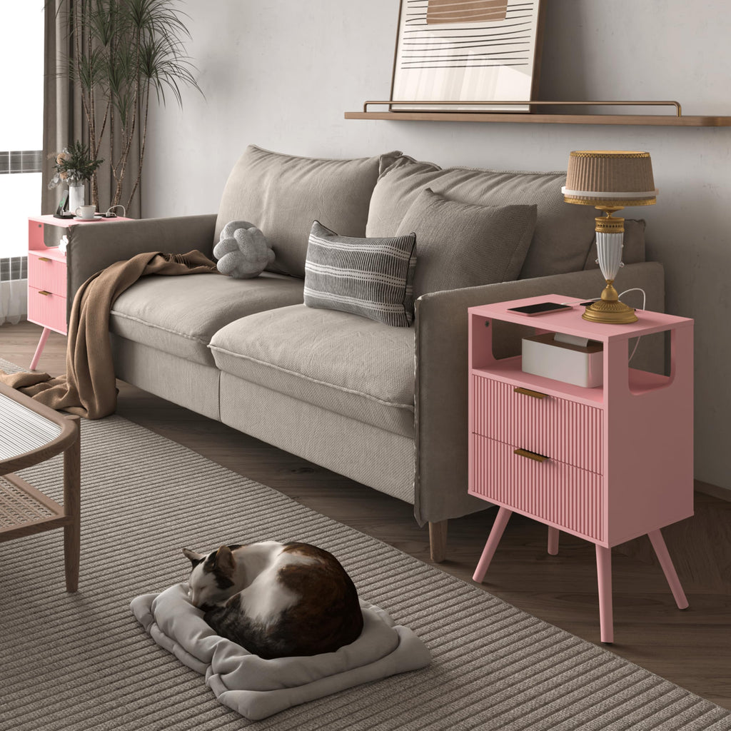 Pink Nightstand with Charging Station and LED Lights Y927