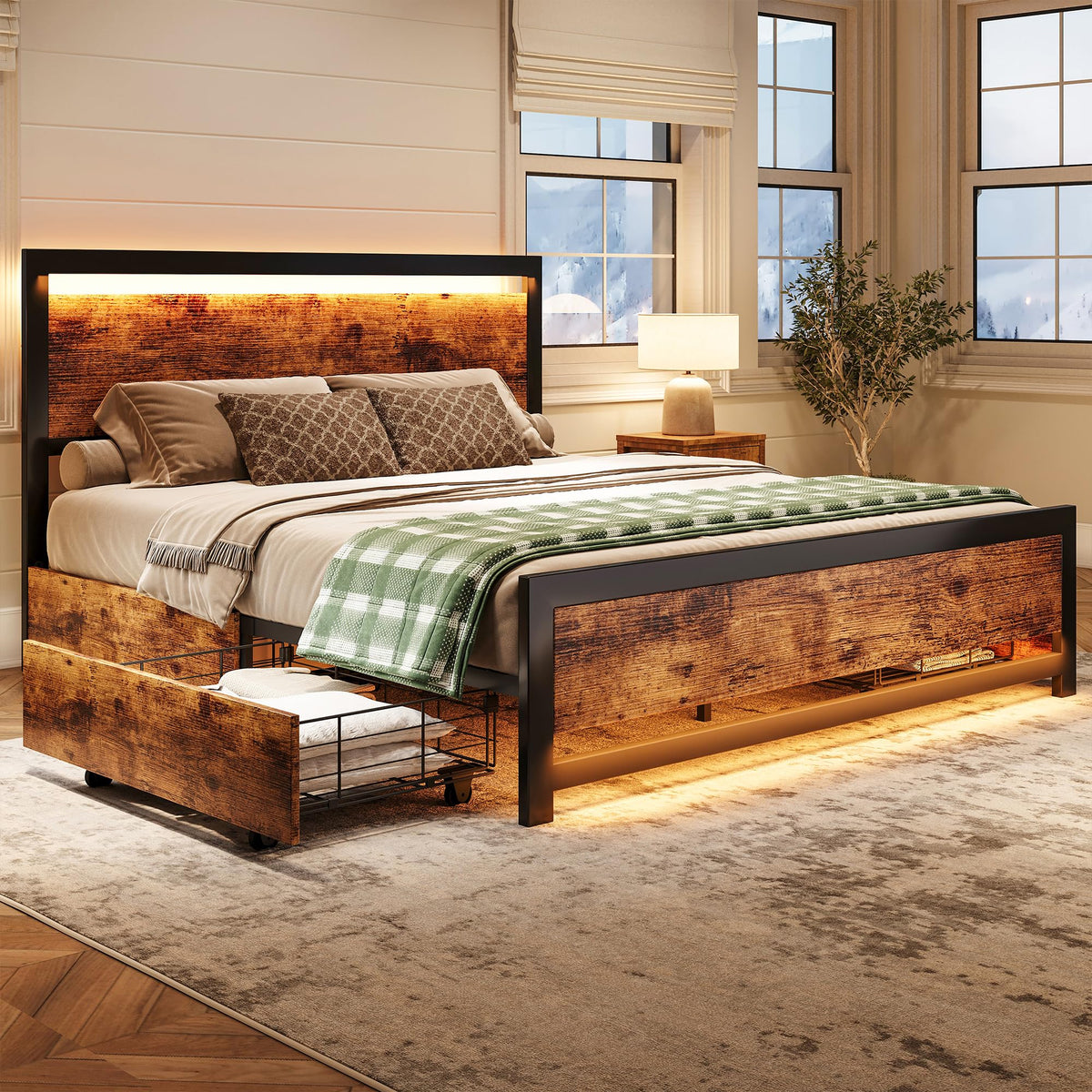 King Size Wood Bed Frame with 4 Storage Drawers A8580